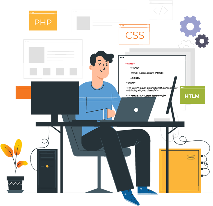 Desenvolvedor programando na frente computador, imagens com texto PHP, CSS, HTML.